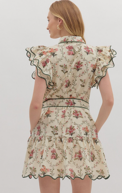 Cream Floral Scalloped Ruffle Sleeve Dress