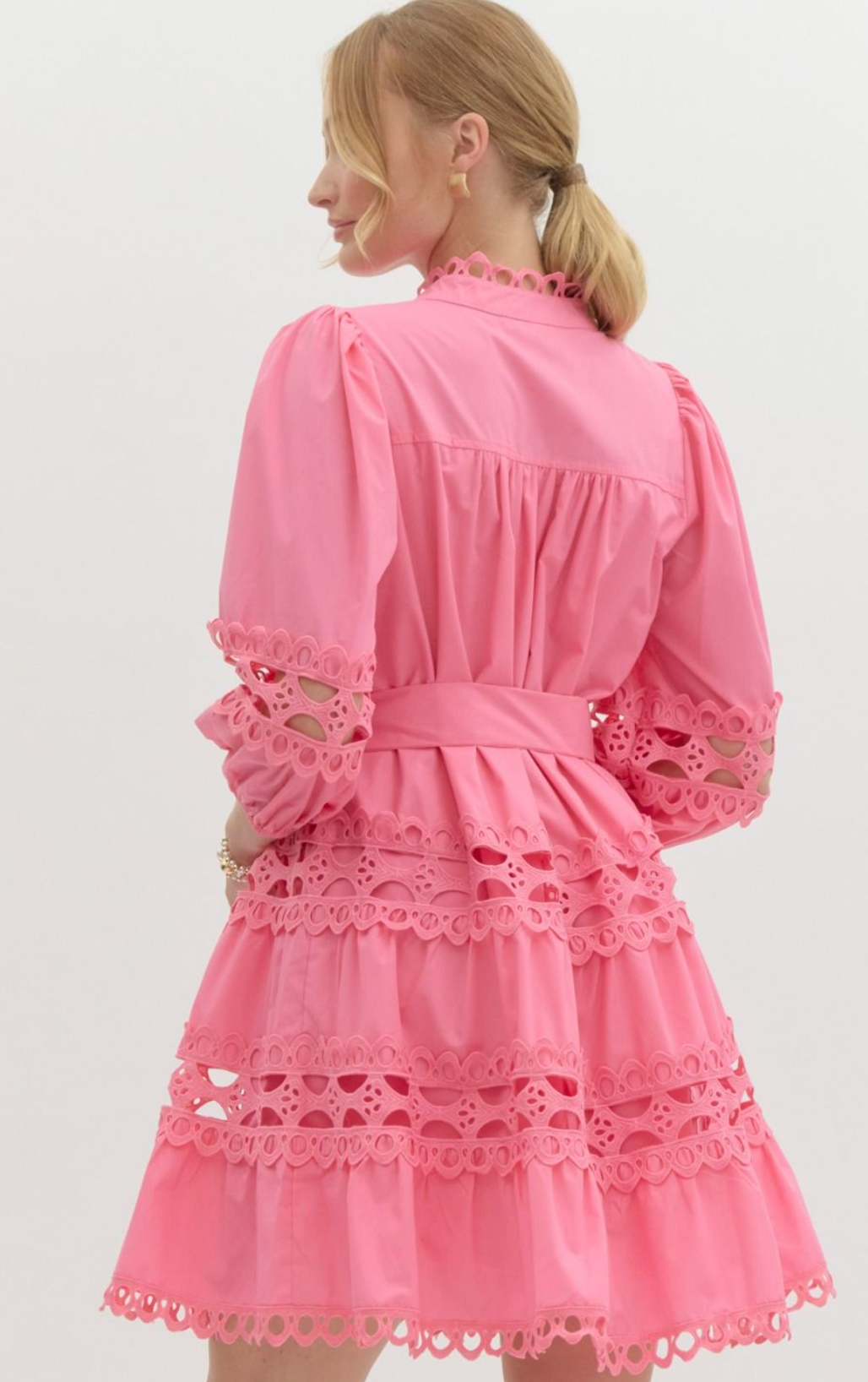 Lace Detail Long Sleeve Mini Dress- Pink