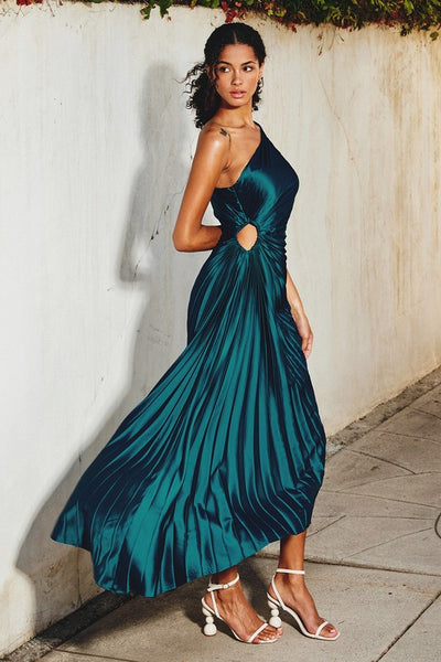 Pleated One Shoulder Dress-Teal