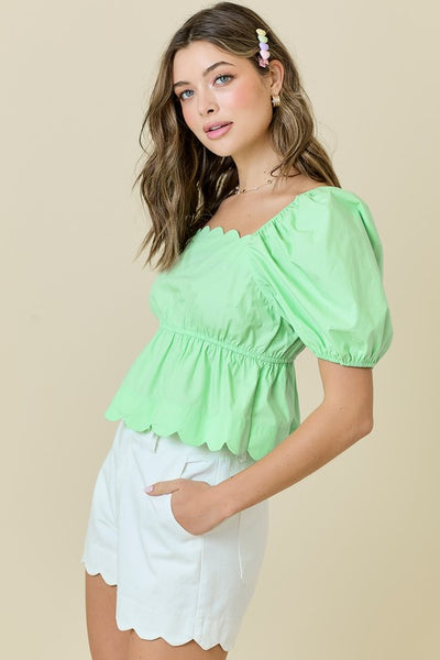 Square Neck Scalloped Edge Top- Mint