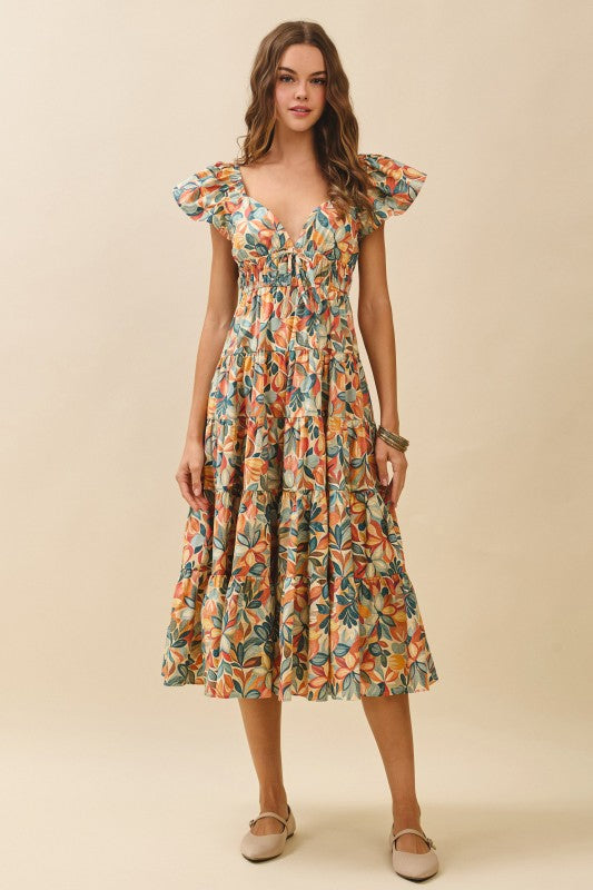 Floral Print Scoop Back Midi Dress