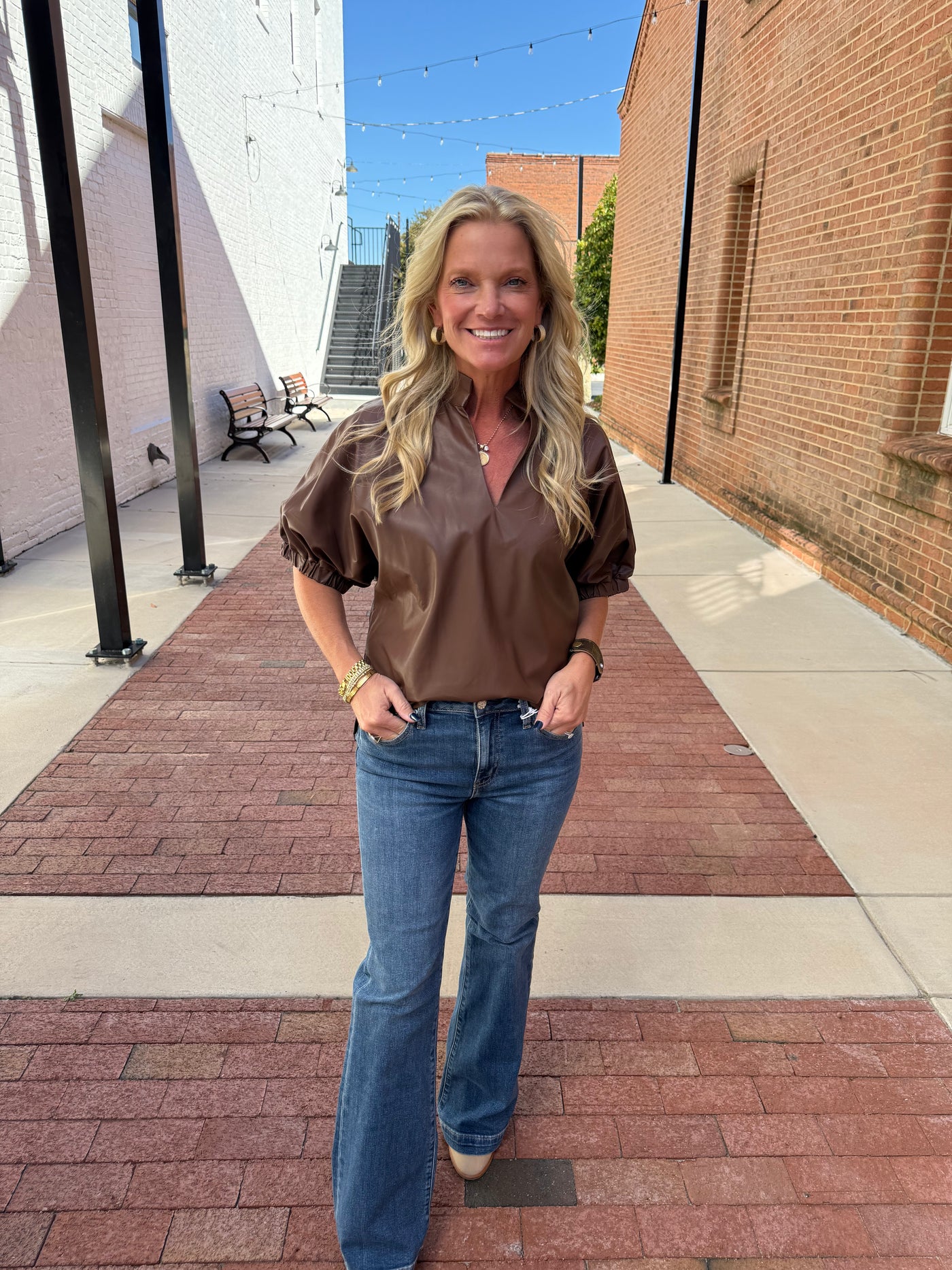 Faux Leather Puff Sleeve Top