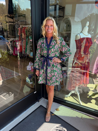 Paisley Pattern Button Front Dress-Green