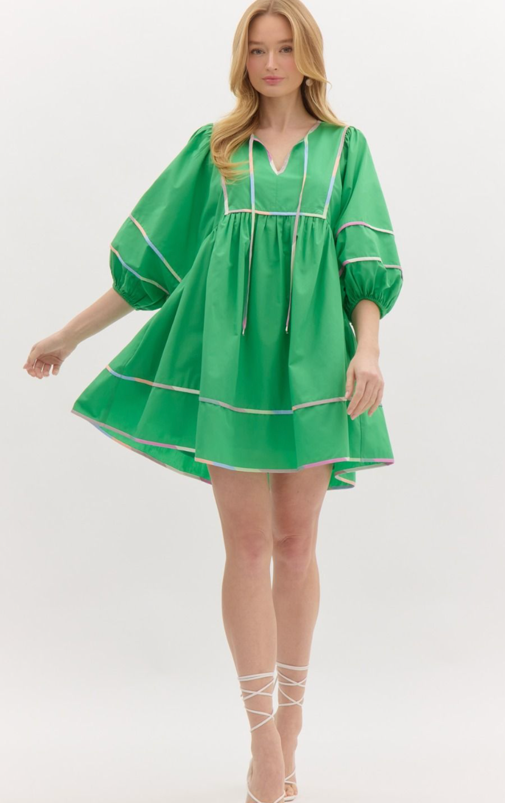 Green Mini Dress With Color Block Trim