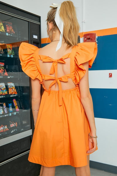 Ruffle Sleeve Back Tie Mini Dress-Orange