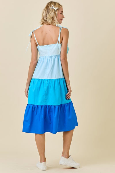 Blue Color Blocked Tiered Midi Dress