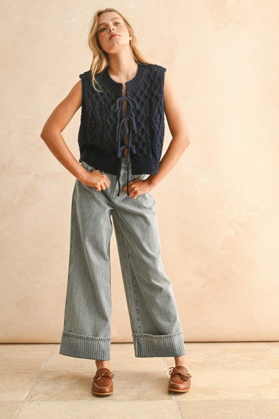 Navy Tie Front Cable Knit Vest