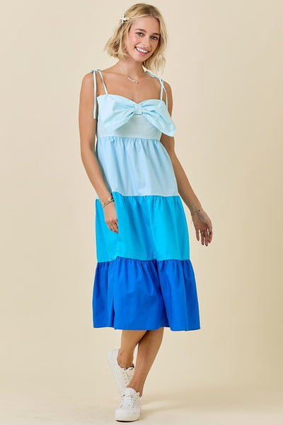 Blue Color Blocked Tiered Midi Dress