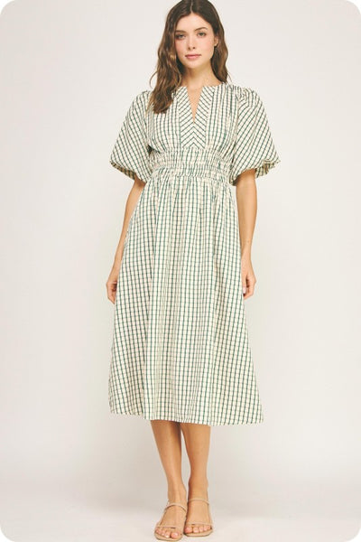 Checkered Puff Sleeve Midi Dress- Emerald