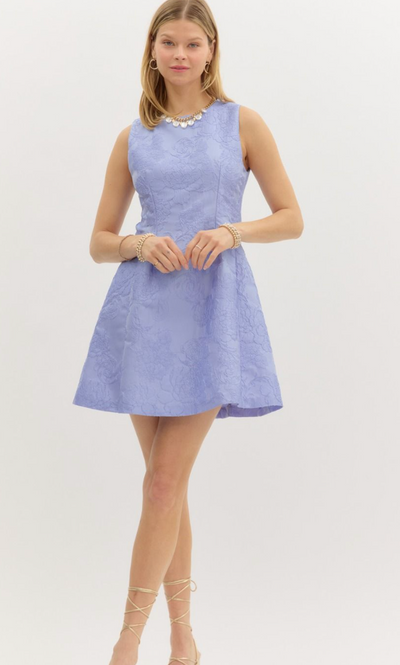 Blue Floral Jacquard Sleeveless Mini Dress