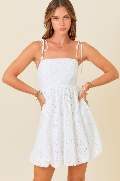 White Eyelet Bubble Hem Mini Dress