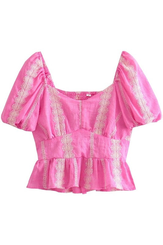 Pink Puff Sleeve Embroidered Crop Top