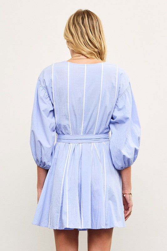 Open Pleat Fare Dress with White Piping-Periwinkle