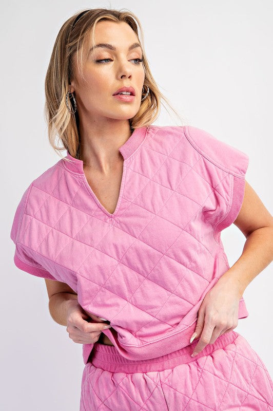 Quilted Mineral Washed Top- Bubble Gum Pink