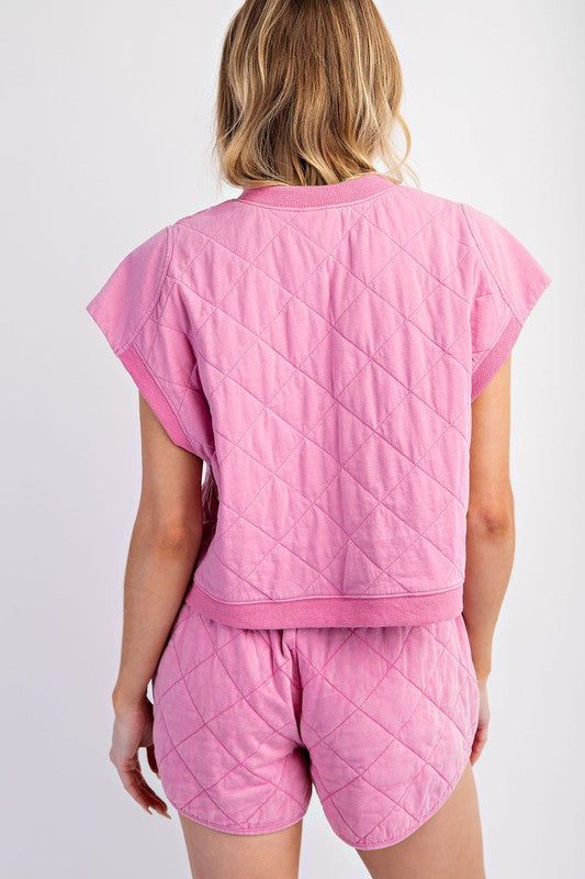 Quilted Mineral Washed Top- Bubble Gum Pink