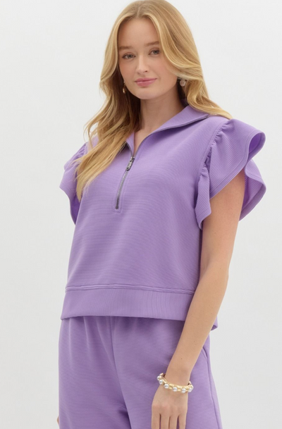 Ribbed Ruffle Cropped Pant Set- Lavender