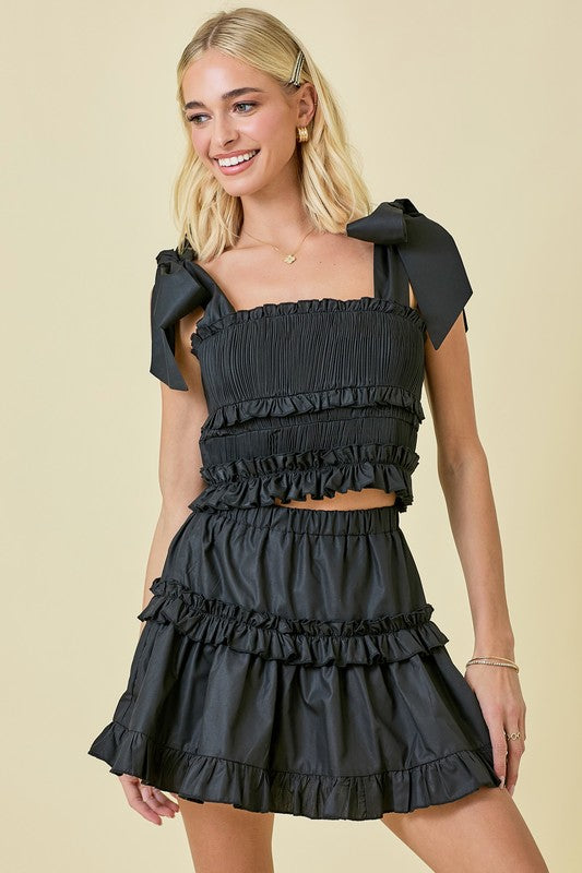 Micro Pleated Shoulder Tie Top- Black