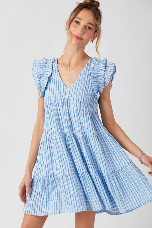 Flutter Sleeve Tier Dress-Blue