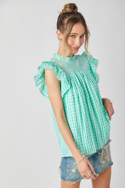 Gingham Flutter Sleeve Top-Green