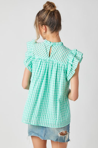 Gingham Flutter Sleeve Top-Green