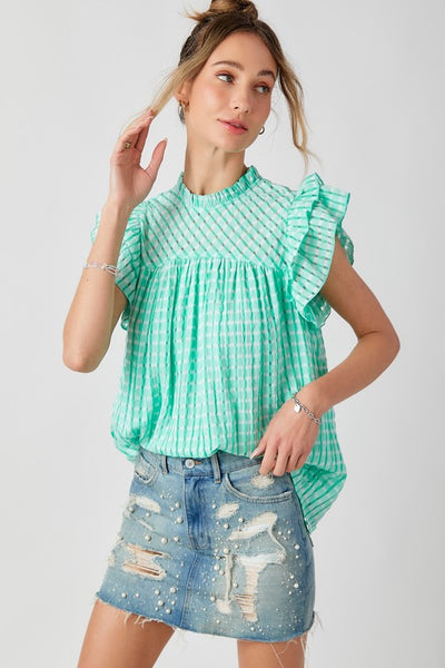 Gingham Flutter Sleeve Top-Green