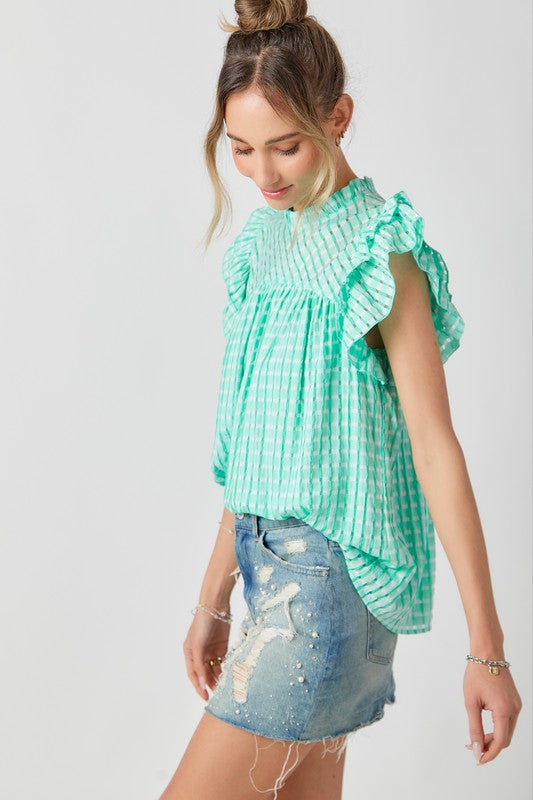 Gingham Flutter Sleeve Top-Green