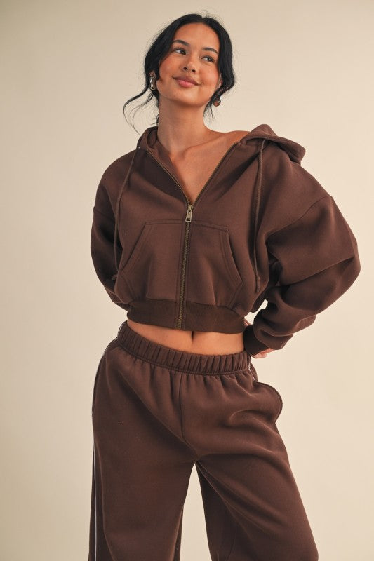 Cozy Fleece Oversized Crop Zip Hoodie Jacket- Chocolate