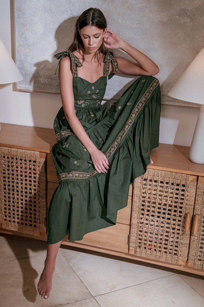 Hunter Green Embroidered Tiered Maxi Dress