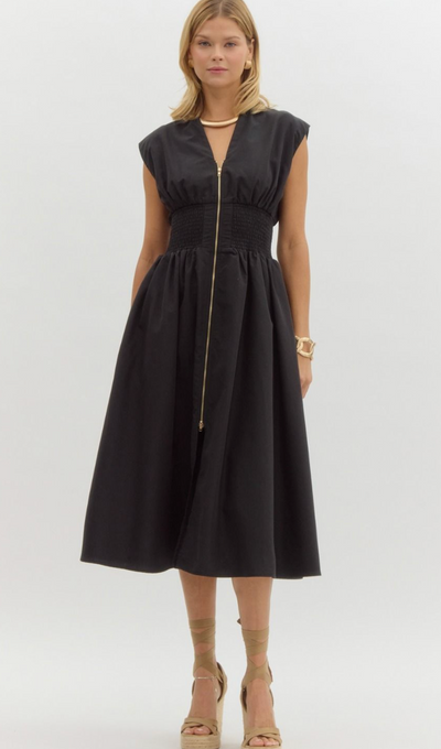 Cinched Waist Midi Dress- Black