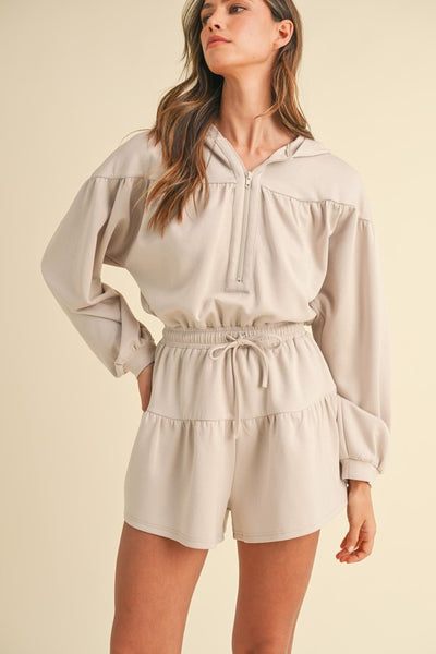 Stone Zip Front Hooded Romper