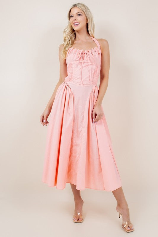 Corset Fit Midi Dress- Peachy Pink The Kindred Boutique Corset Fit Midi Dress- Peachy Pink The Kindred Boutique