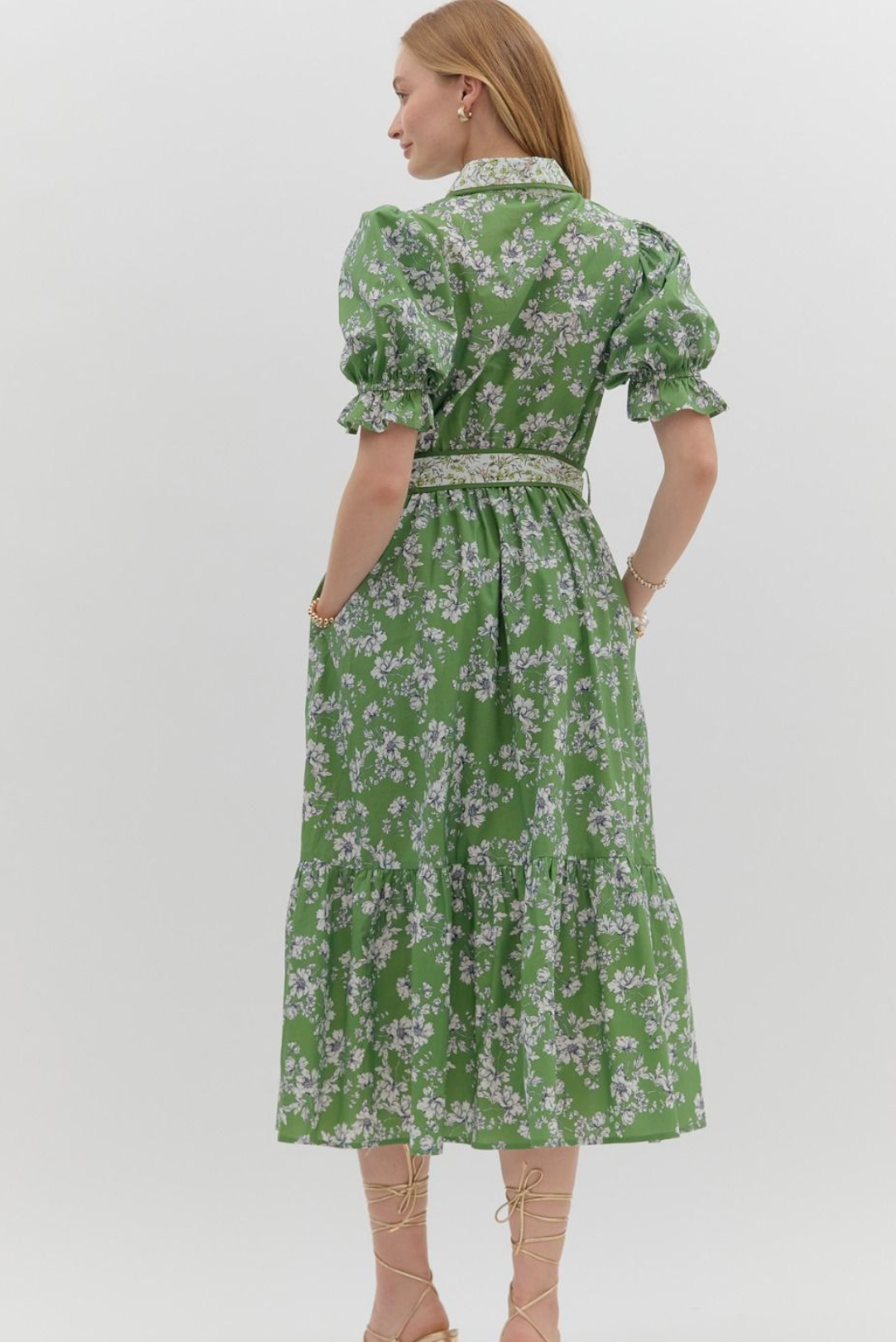 Green Floral Print Bubble Sleeve Midi Dress