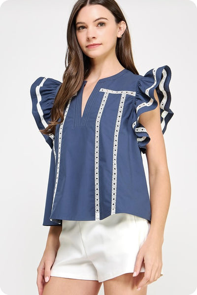 Lace Trim Detail Top- Navy