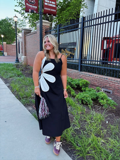 Sleeveless Side Cut-Out Flower Midi Dress- Black
