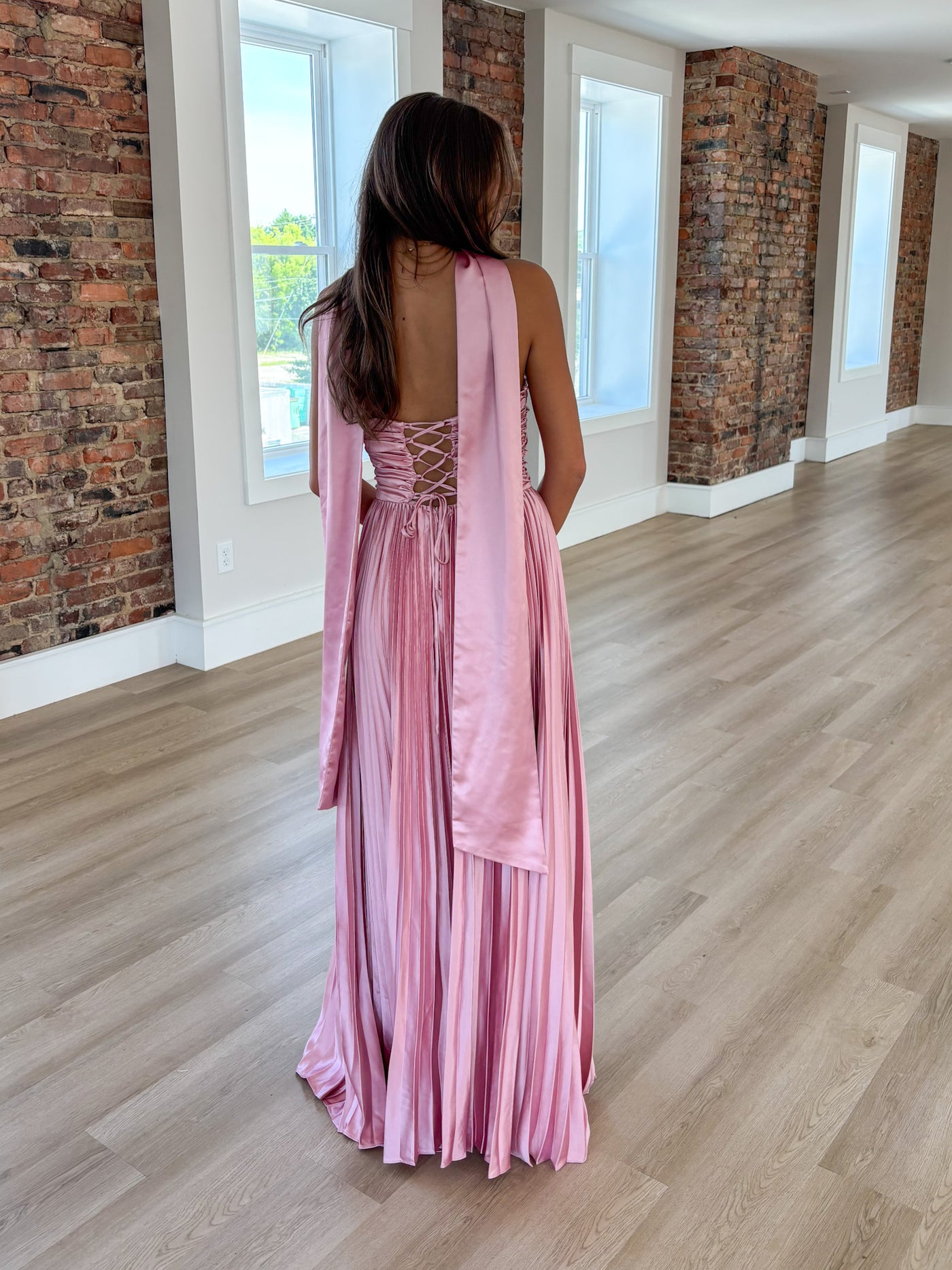 Mauve Scarf Detail Pleated Satin Maxi Dress