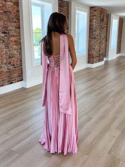 Mauve Scarf Detail Pleated Satin Maxi Dress