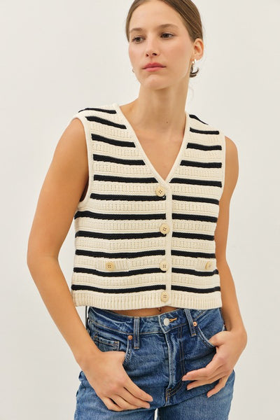 Button Down Striped V-Neck Sweater Vest- Natural/Black