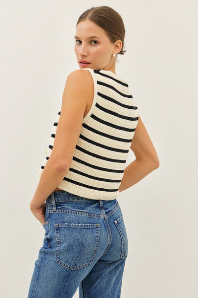 Button Down Striped V-Neck Sweater Vest- Natural/Black