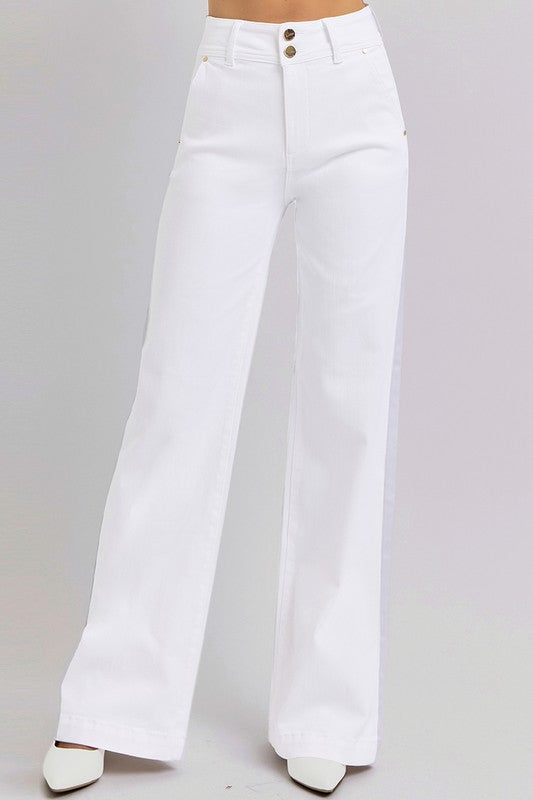 Tummy Control High Rise Wide Leg Jeans- White