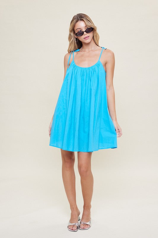 Back Elastic Detail Casual Mini Dress- Azure Blue