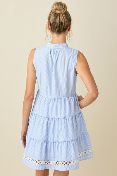 Pin Striped Collared Tiered Mini Dress- Blue