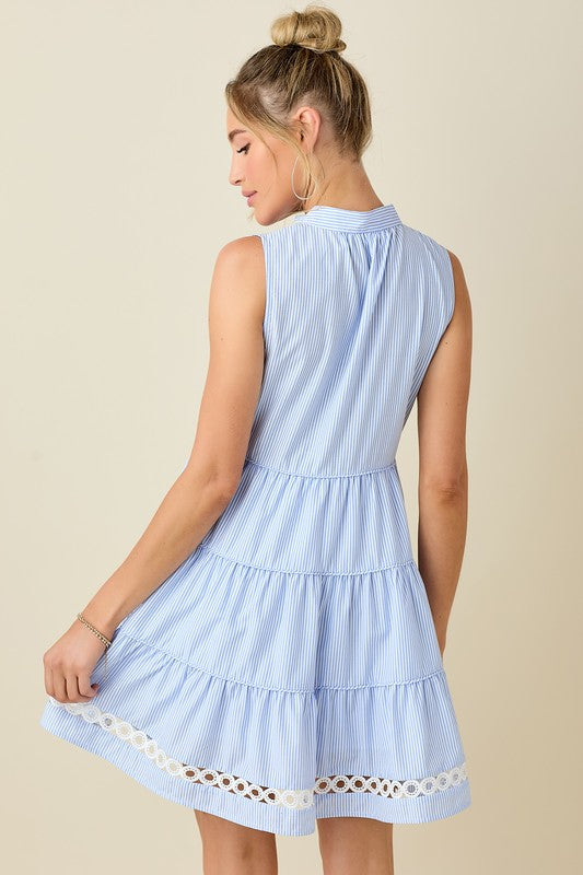 Pin Striped Collared Tiered Mini Dress- Blue