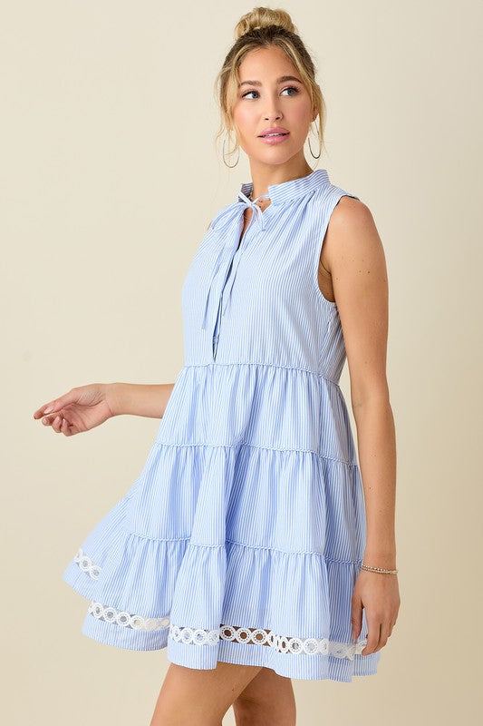 Pin Striped Collared Tiered Mini Dress- Blue