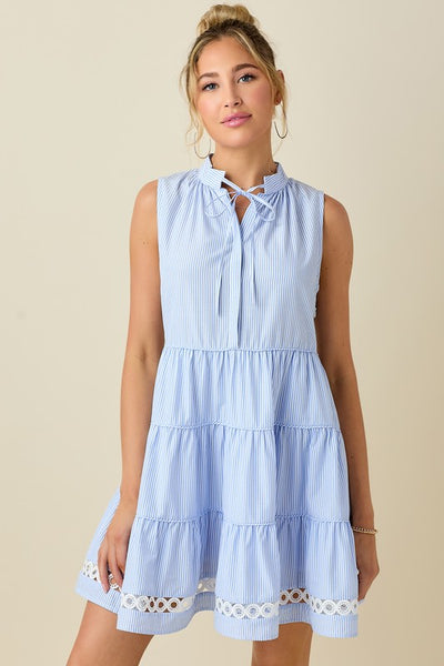 Pin Striped Collared Tiered Mini Dress- Blue