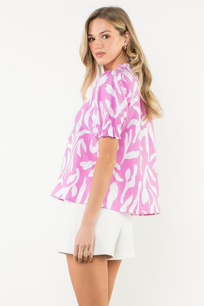 Pink Puff Sleeve Abstract Print Top