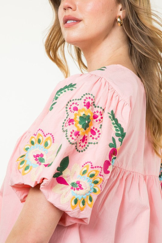 Pink Embroidered Detail Puff Sleeve Top