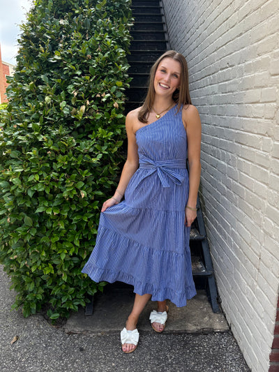 Pin Striped One Shoulder Midi Dress