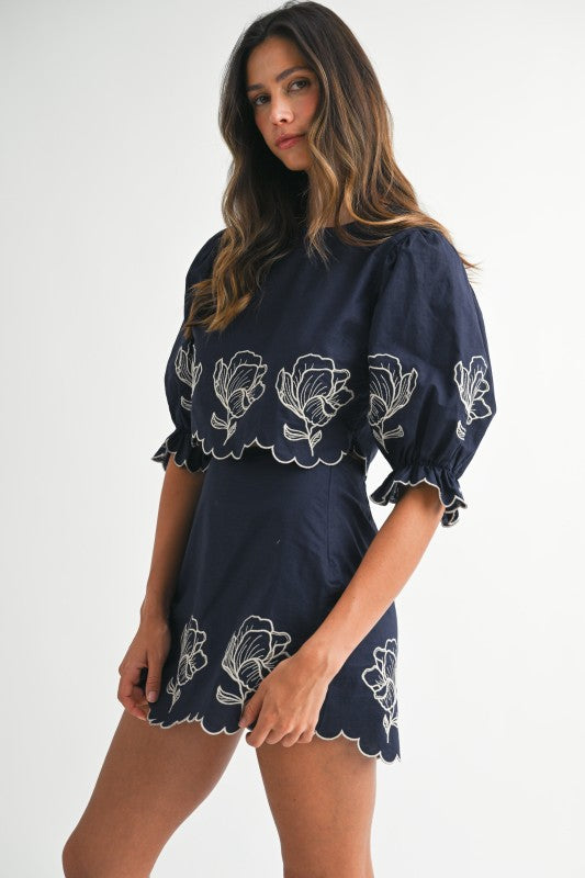 Scalloped Hem Embroidered Skirt Set