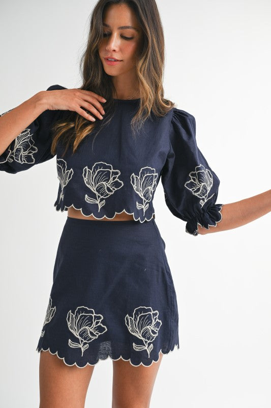 Scalloped Hem Embroidered Skirt Set