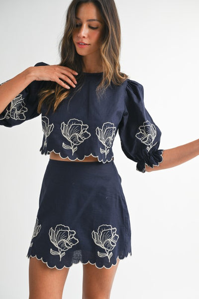 Scalloped Hem Embroidered Skirt Set